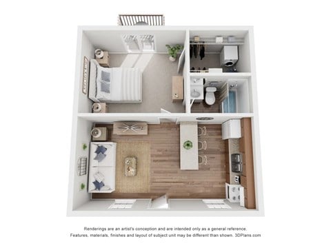 Floor plan for 1 bed, 1 bath, 627 sqft